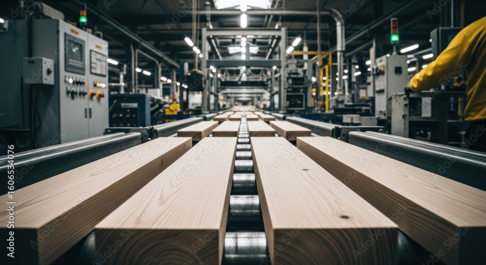 Fototapeta premium Industrial wood processing facility. Conveyor belt carries wooden beams