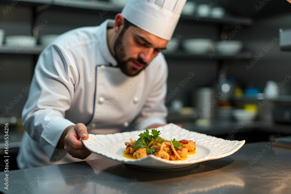 A chef plating food onto an intricate porcelain dish in a professional kitchen.
A chef plating food onto an intricate porcelain dish in a professional kitchen.