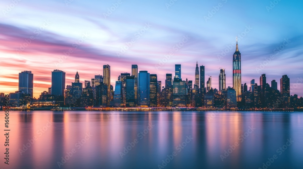 Obraz premium City skyline at sunrise over water