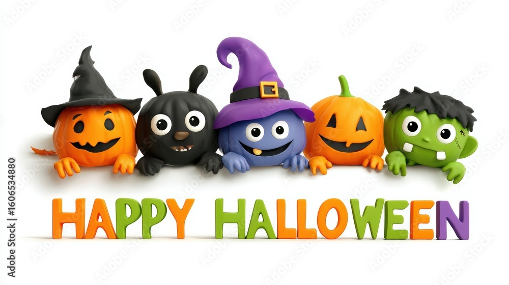 Obraz premium Colorful cartoon Halloween characters with pumpkins and monsters above 