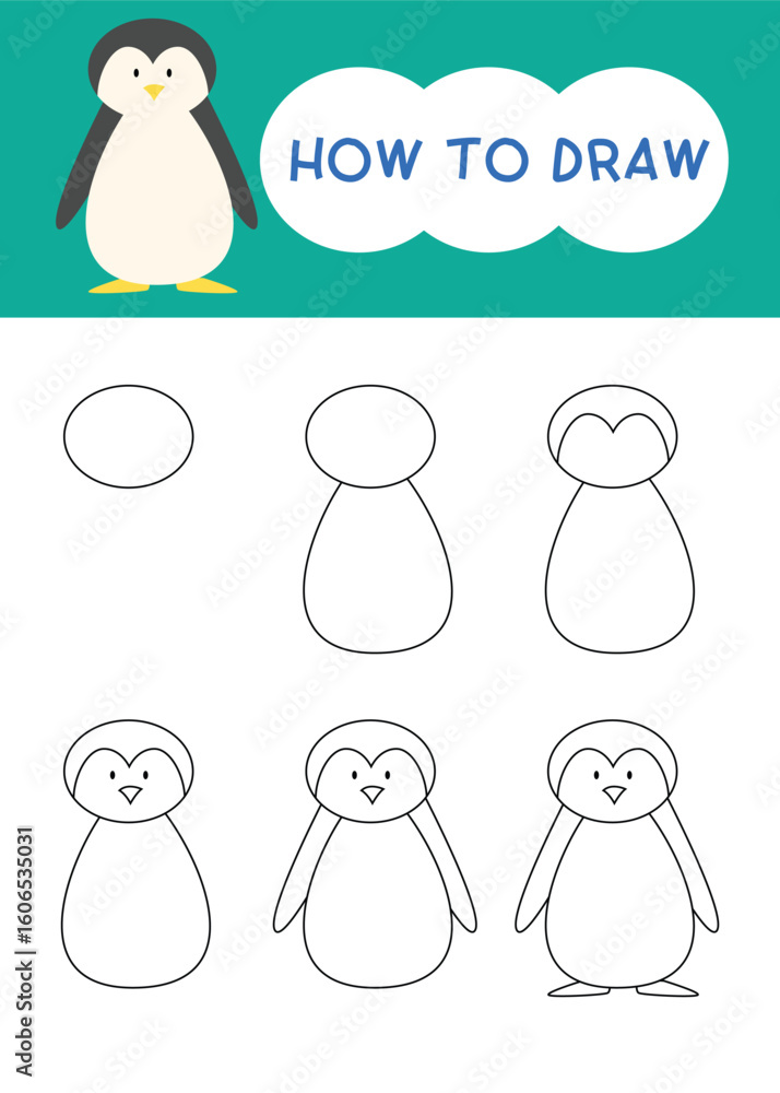 Obraz premium How to draw little penguin cartoon step by step for learning, drawing, education and kindergarten