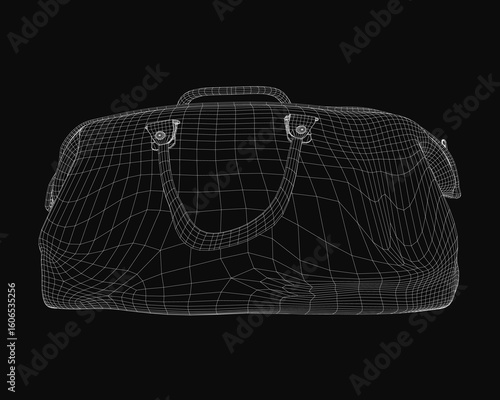 A 3D wireframe model of a duffel bag displayed on a sleek black background. The detailed mesh structure highlights realistic contours and dimensions. Perfect for design concepts.