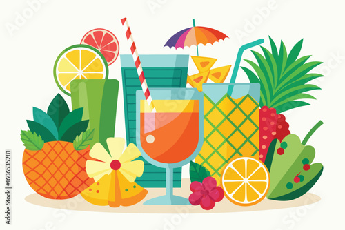 Exotic summer drinks vector illustrations showcasing vibrant cocktails with fresh fruits in a tropical setting ideal for a festive atmosphere