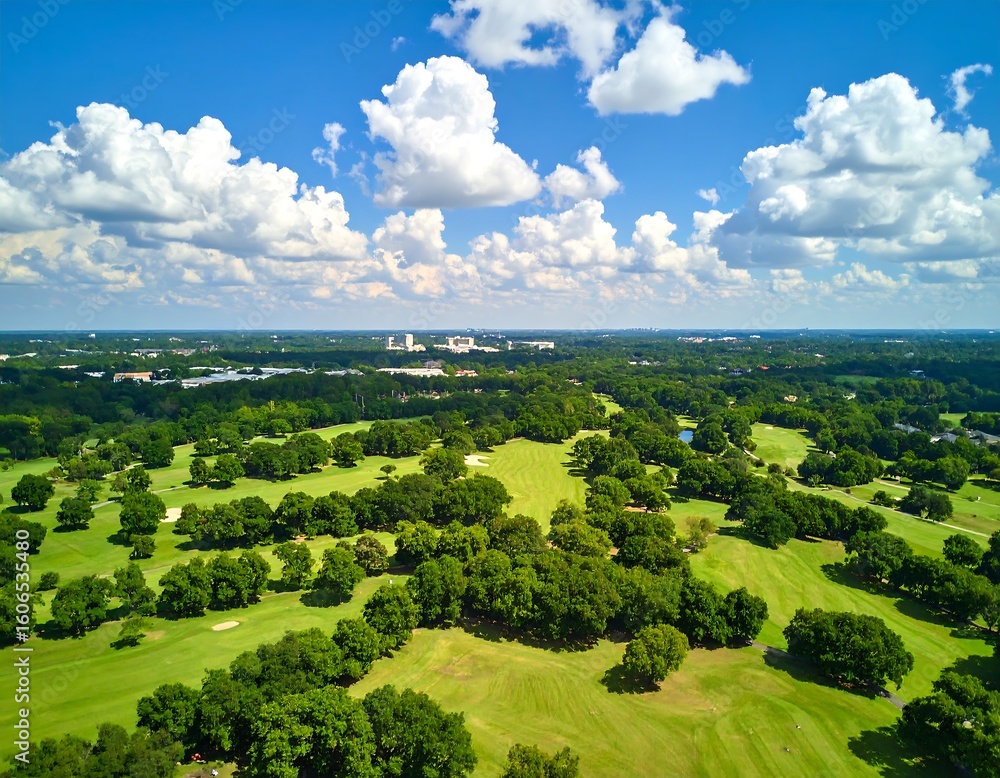 Obraz premium Aerial view of a golf course with city skyline