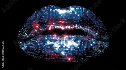 Close-up of lips covered in reflective disco tiles with colorful lights, creating a vibrant and futuristic appearance against a black background.