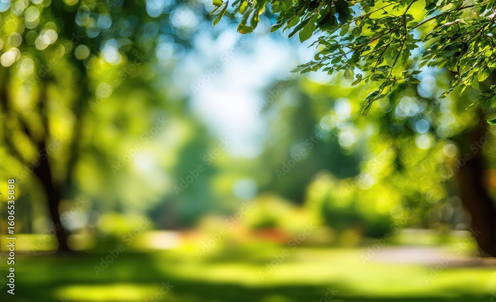 Fototapeta premium Lush green park, blurred background, sunlit foliage
