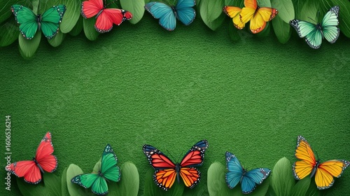 Colorful butterflies arranged around a green textured background with leaves, creating a vibrant nature-themed border.