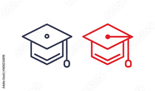 Two graduation caps one red one blue simple line art icons