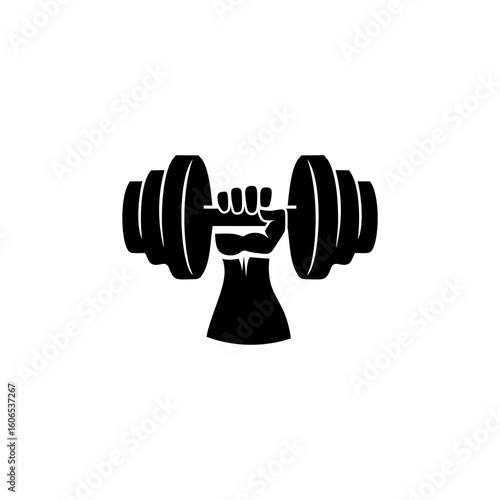 Fitness gym logo element idea vintage retro style vector illustration, dumbbell weight icon in hand isolated black print clip art modern design