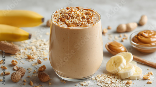 Healthy Peanut Butter Smoothie: An inviting glass of a creamy peanut butter smoothie is adorned with chopped peanuts, accompanied by fresh banana slices, oats, and creamy peanut butter. A delightful.