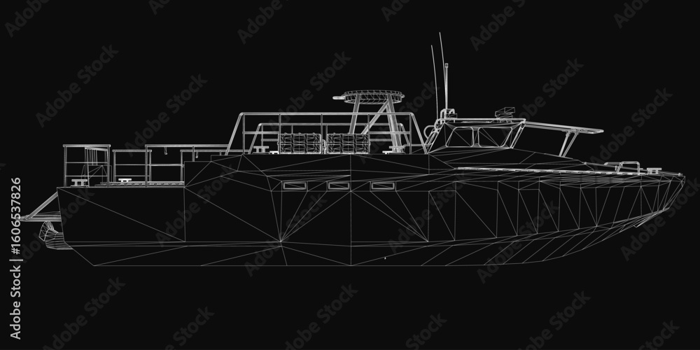 Obraz premium A military boat is depicted as a black and white 3D wireframe model on a dark background. The detailed drawing highlights the vessel's structure with clean lines and realistic shading.