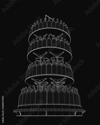 A tall wireframe tower stacked with numerous bottles, creating a striking black and white composition. The intricate rack design stands out against a dark background.