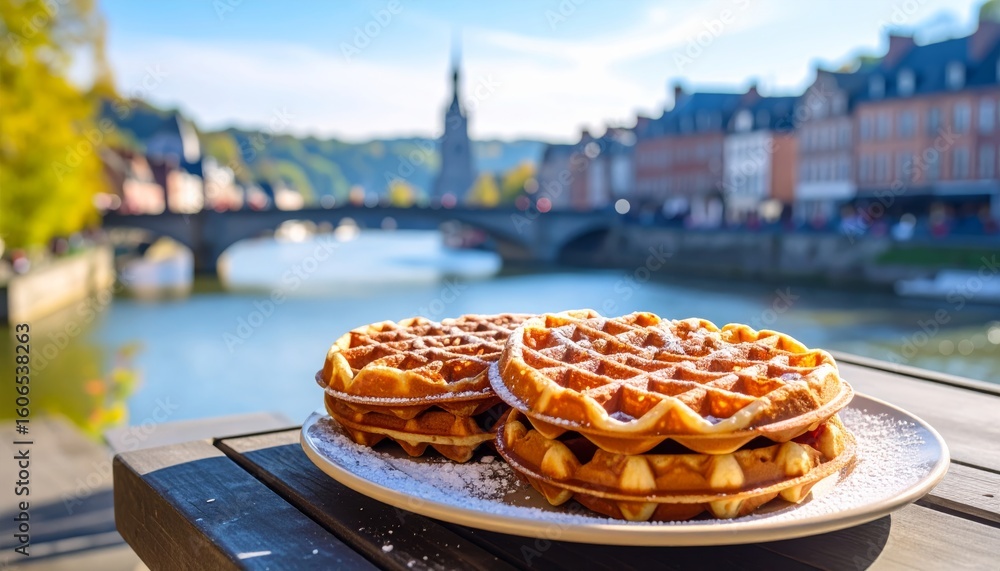 Fototapeta premium Waffle Breakfast with Cityscape View