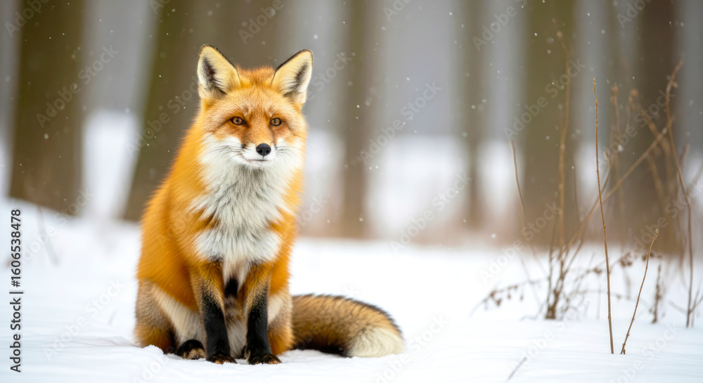 Fototapeta premium red fox sitting in snowy winter forest