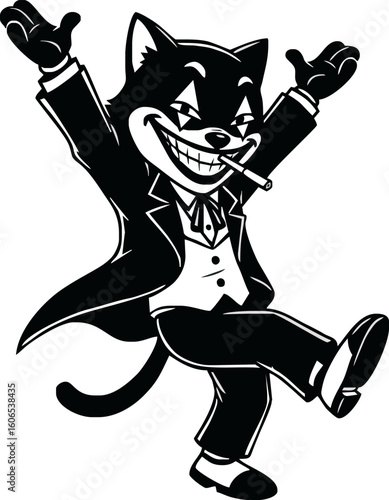 Cartoon cat character in a tuxedo, smiling widely with a cigarette, arms raised in celebration.