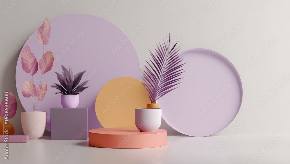 Fototapeta premium Stylish display with potted plants and pastel colored shapes.
