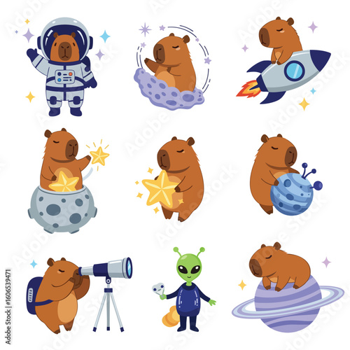 Cosmic Capybara Collection: A whimsical compilation of adorable capybaras venturing into the cosmos, each illustration brimming with charm and childlike wonder.