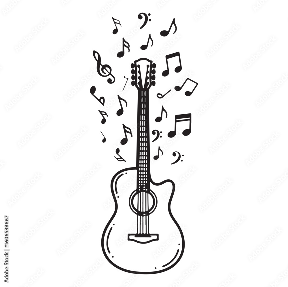 Naklejka premium Black Guitar with Musical Notes Vector | Music Design, AI generator