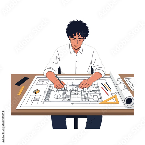 Architect working on house blueprints at desk
