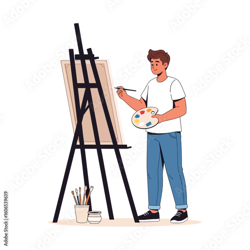 Artist painting on easel with palette and brushes