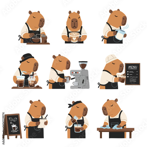 Capybara Barista at Work: A cute capybara barista serves various coffee drinks in a charming coffee shop setting, showcasing expertise.