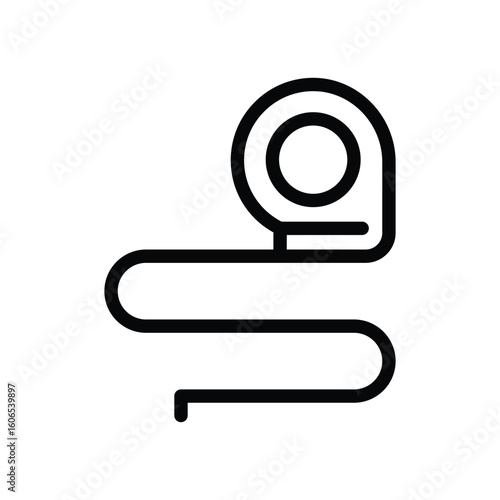 Black outline of a tape measure with coiled tape extending from the dispenser against a white background