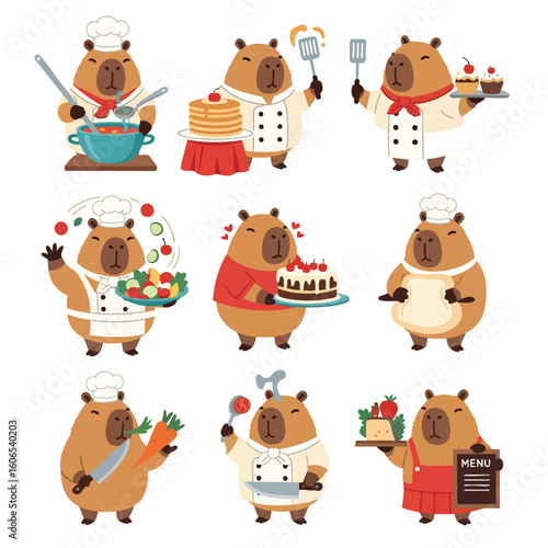 Capybara Chef's Culinary Collection: Playful capybaras, dressed as chefs, showcase their culinary skills with delightful dishes and creative cooking styles, a whimsical celebration of gastronomy.