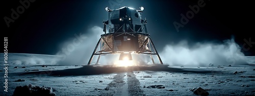 lunar lander making contact with the Moon dusty surface, landing legs touching down and kicking up a cloud of  dust. banner 