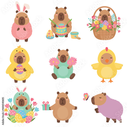 Easter Capybaras: Whimsical illustrations showcase adorable capybaras in various Easter-themed costumes and settings, including eggs, costumes, and baskets. A joyful celebration for Easter!
