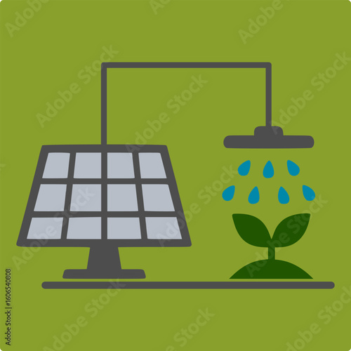 Solar-powered irrigation system nurtures growing plant, symbolizing hope in sustainable agriculture and green energy