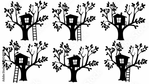 Silhouette pattern of six treehouses with ladders and leafy branches on a white background design art
