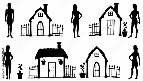 Silhouette illustration showing people next to houses with fences and flowers in pots on a white background