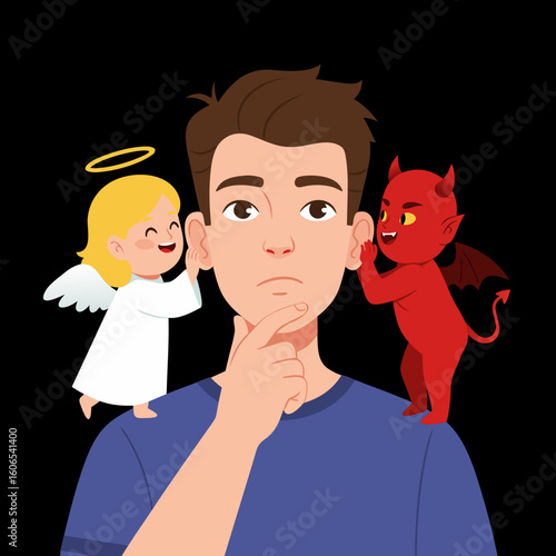 A classic symbol of internal conflict and the inability to make a decision. The angel and the demon on the man's shoulders whisper conflicting advice, reflecting the struggle of motives and doubts.