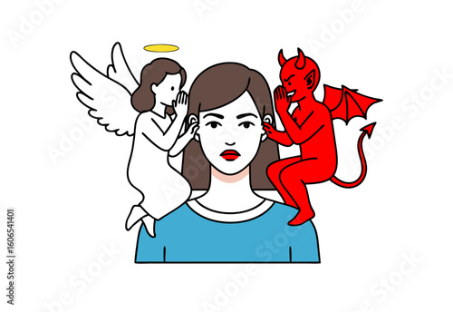 A classic symbol of internal conflict and inability to make a decision. The angel and demon on the woman's shoulders whisper conflicting advice, reflecting the struggle of motives and doubts.