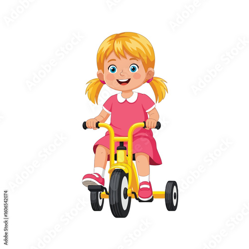 Happy Little Girl Riding a Yellow Tricycle