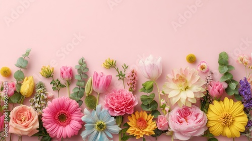 Colorful floral arrangement on a pastel pink background.