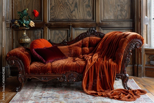 An antique Victorian chaise lounge with intricate carved woodwork, draped with an elegant velvet throw in rich jewel tones 