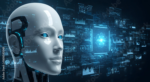 AI Humanoid Robot Head with Blue Holographic Interface and Data Visualizations
