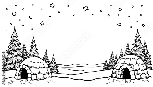 Abstract winter frame with igloos and northern lights, kids coloring book