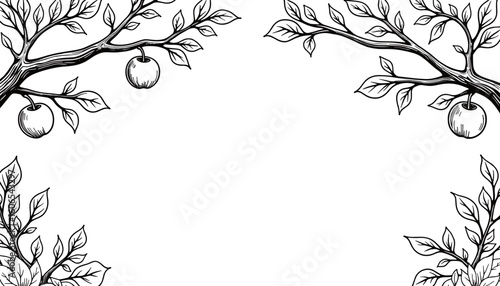 Abstract autumn frame with apples on branches – kids coloring design, hand-drawn style