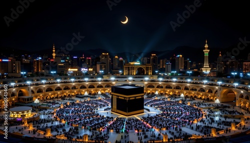a night time view of the grand mosque in mecca, known as the kaaba, with its white cube structure illuminated at the center