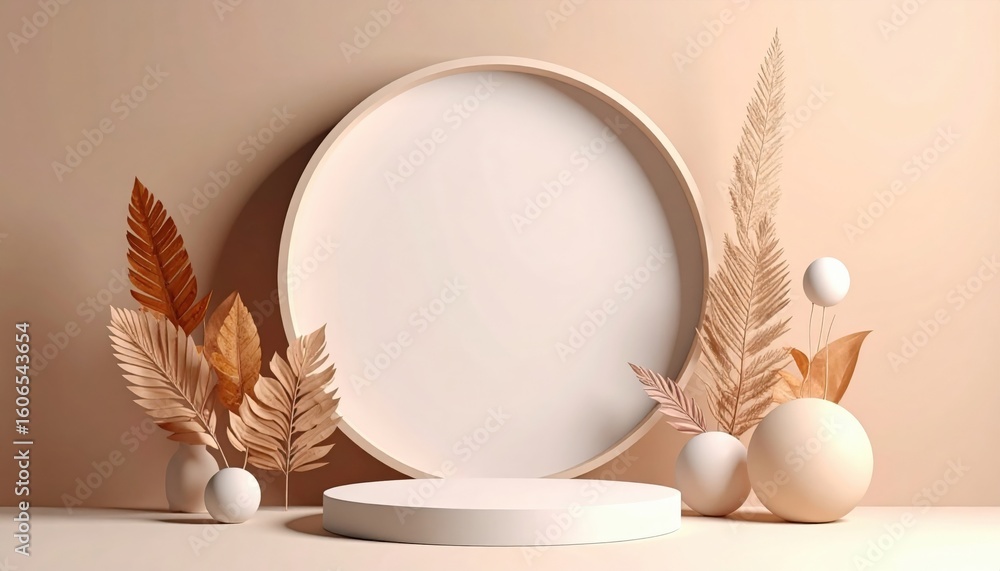 Fototapeta premium Elegant minimalist display setup featuring natural elements studio environment decorative arrangement contemporary viewpoint aesthetic concept