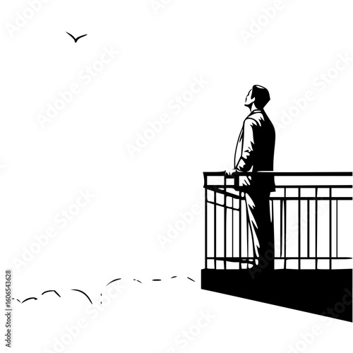 A man in a suit stands on a balcony looking up at a bird flying in the sky in a black and white drawing