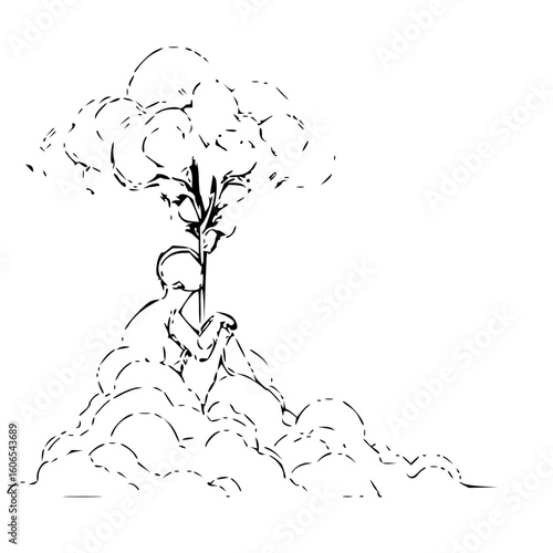 A person sitting on clouds holding a plant with cloud like foliage in a black and white illustration