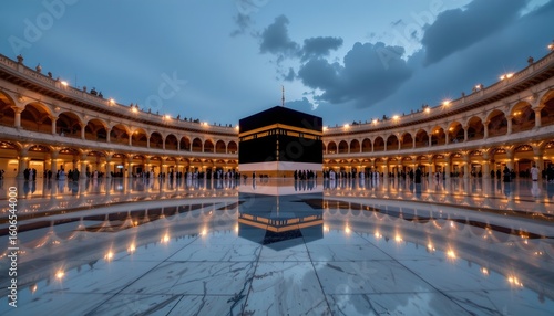a grand mosque at dusk, viewed from a distance that emphasizes its architectural beauty