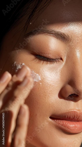 Elegant portrait of an Asian woman with glowing skin and natural make-up. Perfect for beauty, skincare, and cosmetics promotions, showcasing high-quality and natural beauty concept