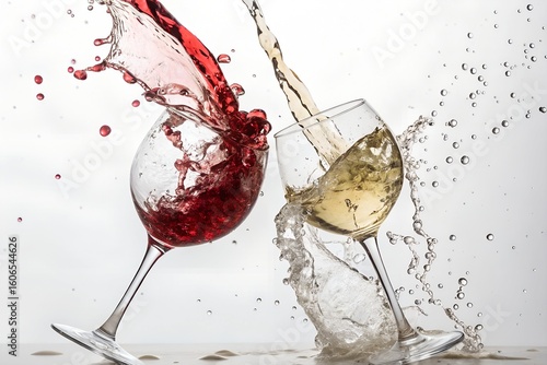 Dynamic Splash of Red and White Wine in Elegant Glassware