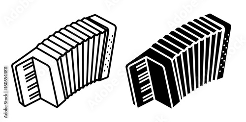 Linear icon, isometric accordion keyboard musical instrument based on movement of air inside an accordion shaped device. Simple black and white top view vector isolated on white background