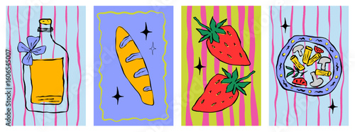 Italian amalfi poster in hand drawn style. Summer poster with fruit citrus and wine. Hand drawn sketch Italian food and drink. Vector illustration amalfi cover