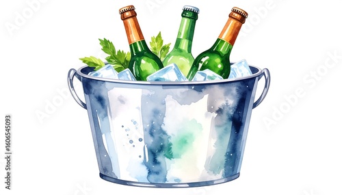 Refreshing watercolor illustration of chilled beer bottles in an ice bucket design